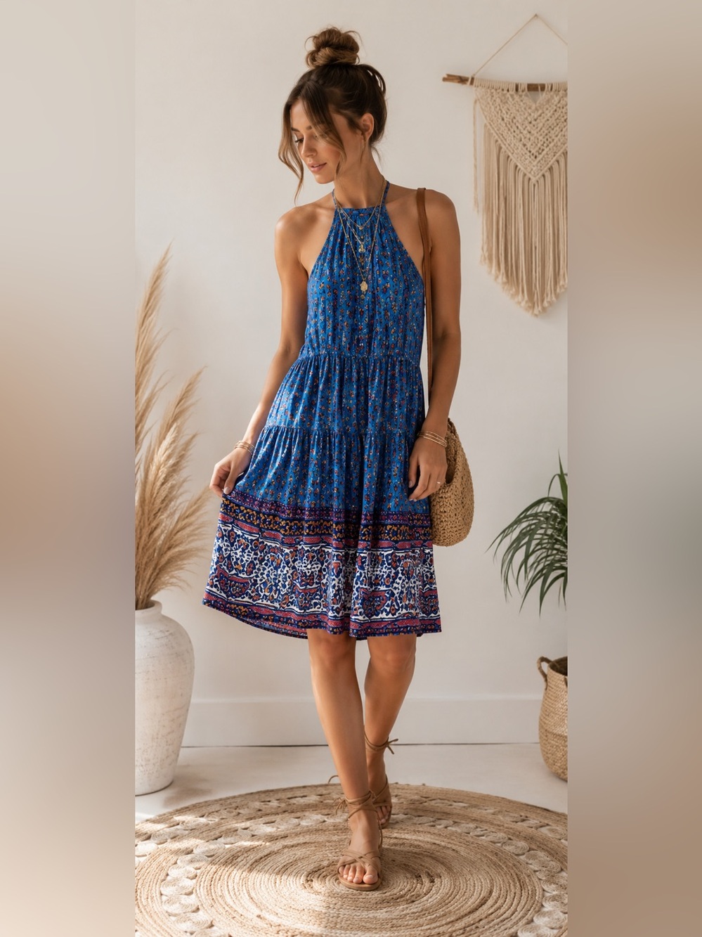 Halter Tiered Mini Dress in Royal Blue with Border Print